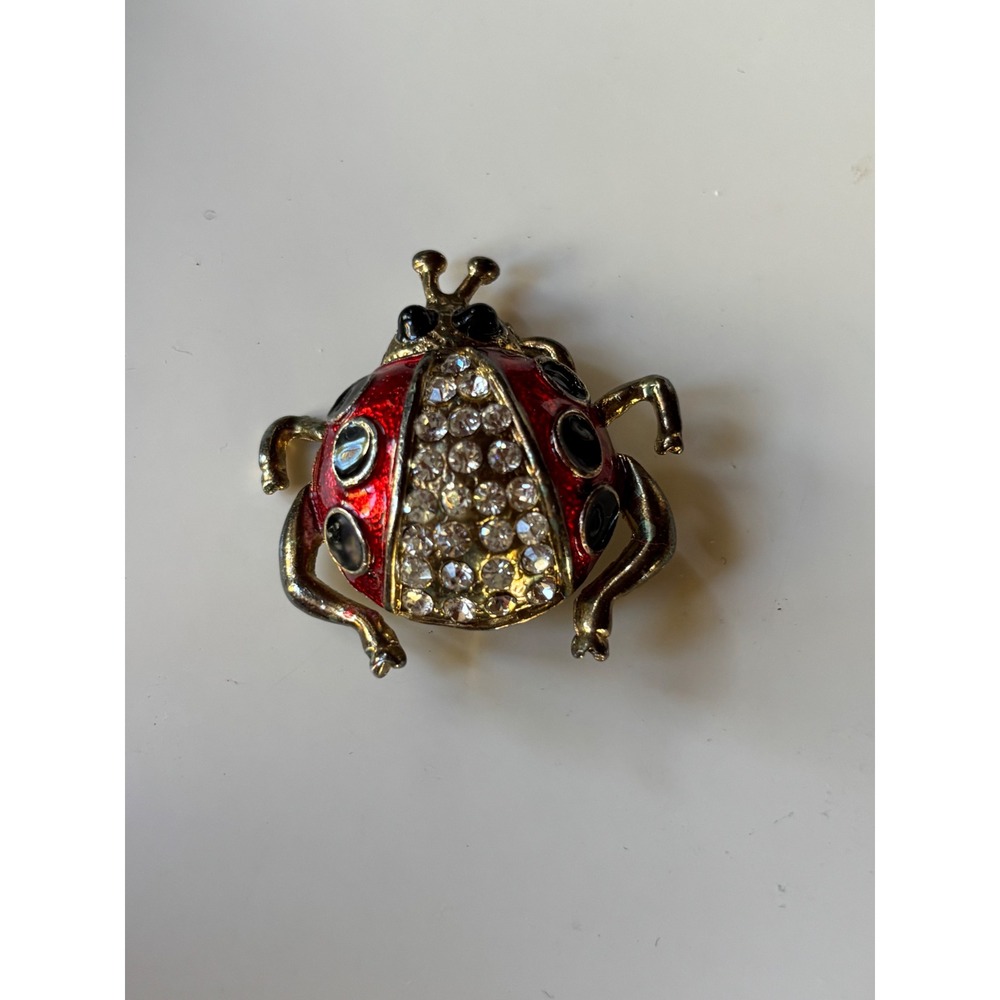 Vintage Red  Enamel Ladybug Brooch Gold Tone Rhinestone Insect